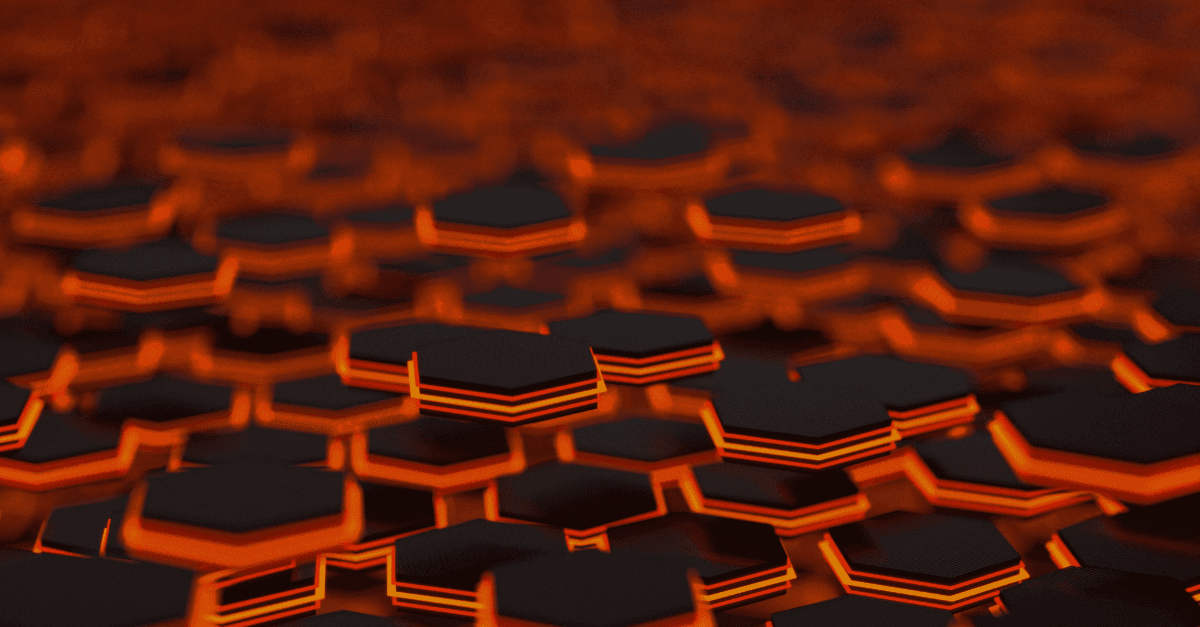 Black and orange hexagons scattered and piled up